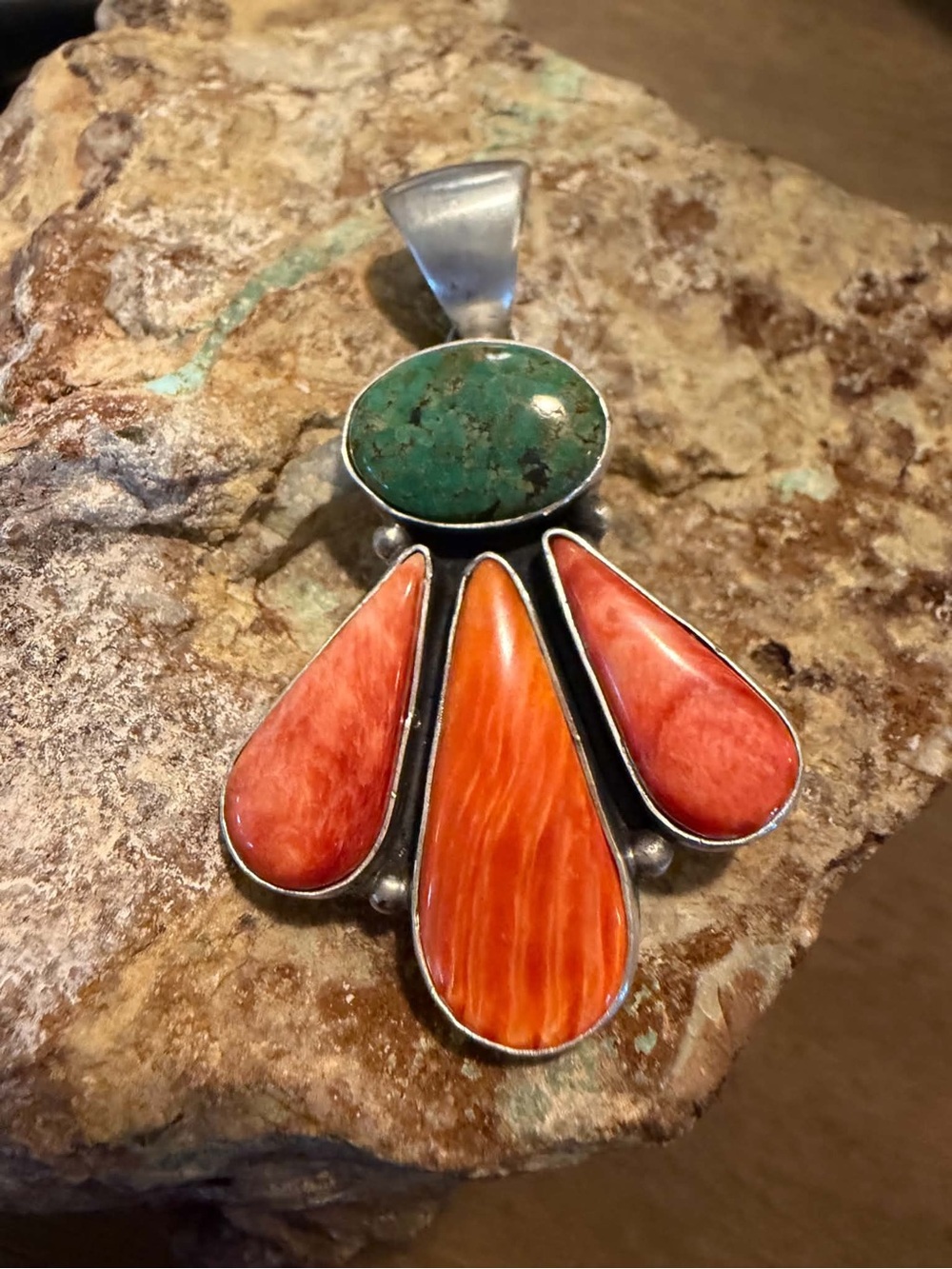 Navajo sterling silver orange spiny oyster turquoise pendant